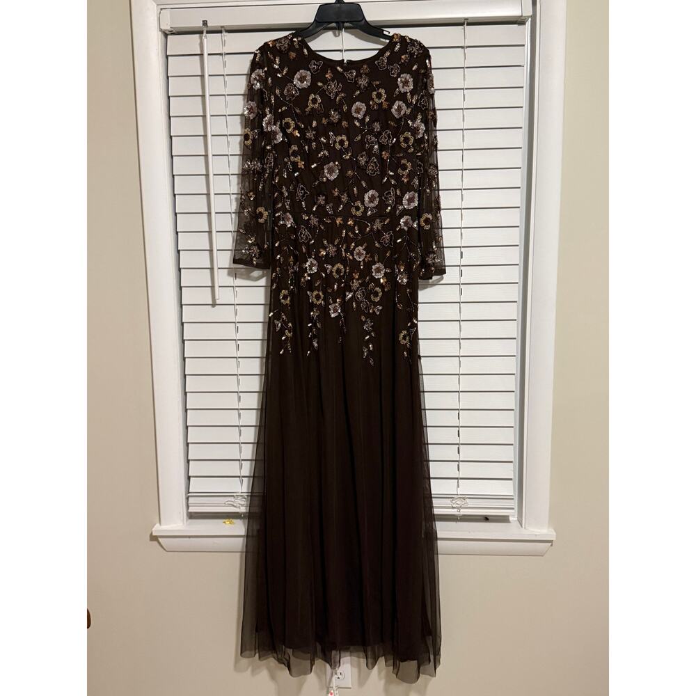 Adrianna Papell Chocolate Brown Floral Sequin Beaded Gown Dress EUC Size 10